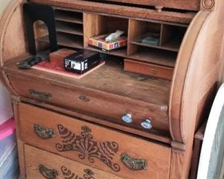 Smaller roll top desk, possible Czech or German with burnt in decoration