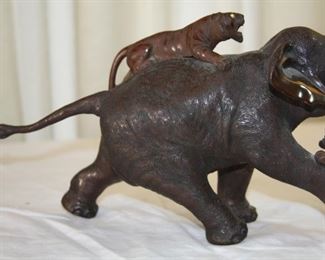 early 20th century Japanese bronze sculpture - Tigers attacking Elephant 16" x 11 1/2" tall - asking $695.