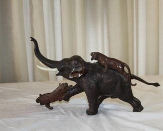 early 20th century Japanese bronze sculpture - Tigers attacking Elephant 16" x 11 1/2" tall - asking $695.