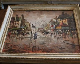 vintage oil painting on canvas Paris street scene signed T. Massimo 20 1/2" x 24 1/2" - $395