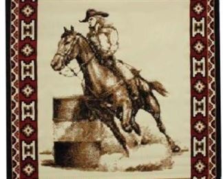 18	

Brand New Large Barrel Racer Area Rug.
Large Barrel Racer Area Rug. This rug features barrel racer logo in center and is accented with a red and tan Navajo border Measures 5' x 6'5".  