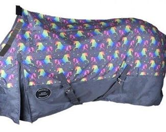 24	

NEW The Waterproof and Breathable Unicorn Print 1200 Denier Perfect Fit Turnout Blanket. Size 80
The Waterproof and Breathable  Unicorn Print 1200 Denier Perfect Fit Turnout Blanket. The Fitted, Contoured Shape and Shoulder Gussets Allow the Horse to Move Naturally While Staying In Place. Open Front with Adjustable Double Closure with snaps. The Blanket Secures with Two Adjustable Surcingles Underneath the Horse, Two Adjustable Leg Straps for Added Security, has two adjustable Velcro neck straps, and is contoured to give your horse the perfect fit.. 
1200 Denier Outer Shell.
70 Denier Inner Shell.
300 Gram Polyester Filler.
Water Proof and Breathable. 
Fleece Whither Protection. 
Contoured to give your horse the perfect fit. 
Shoulder Gusset, Tail Cover.
Standard Open Front with Double Buckle Closure.  
Two Surcingle Belly and Leg Straps.
Two adjustable Velcro neck straps.