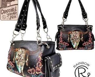 30	

NEW Concealed Carry Skull Handbag
Black PU leather handbag with embroidered ornate steer head. Accented with turquoise, pink, orange, and lime green embroidery and silver studs. 

Embroidered ornate steer head 
A pocket on each side that snaps close
Inside single compartment divided by a medium zippered pocket
Inside of bag includes a zipper pocket and 2 open pockets
12" x 4" x 9"  