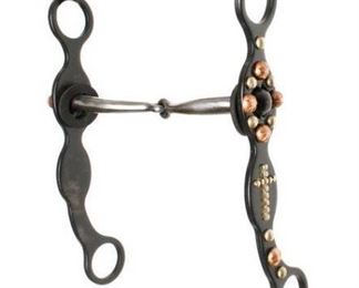 54	

NEW 5" Blued Steel Snaffle Bit with Rubber Guards. Copper and Silver Accents
5" Blued Steel Snaffle Bit with Rubber Guards. This bit features 8" blued steel cheeks engraved and accented with small gold and silver studs and gold studded cross. 5.5" stainless steel broken snaffle mouth wih rubber guards attached. 