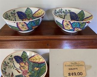 Pair Large Bowls The Bombay Co Tobacco Leaf Pattern 