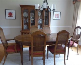 Dining Room Table 63"L x 43"W x 29"H                                         with 3 leaves (each 12"); 4 chairs and 2 arm chairs