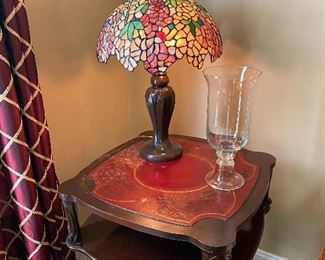 Antique Side Table with Tiffany Style Lamp 