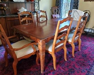 WESCO Country Living Dining Table with 8 Chairs & 2 leaves. Table measures closed, 77" L X  44" W X 32" H. Plus 2 leaves measuring 18" each.