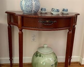 Mahogany demilune table and blue & white wares