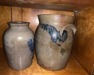 Cobalt decorated salt glaze stoneware crocks