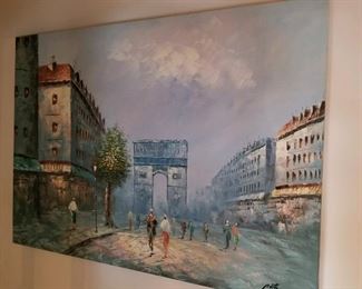 Signed oil on canvas, Impressionist style. Paris street scene