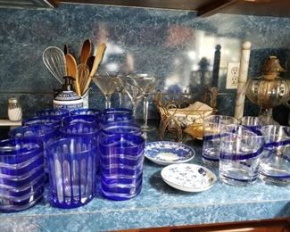 Assorted cobalt/clear hand blown glassware