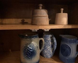 Butter prints & blue & white stoneware, salt glaze