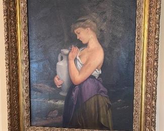 Oil on canvas - portrait of young woman with water jar, unsigned