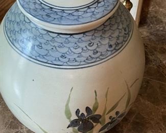 Large stoneware jar/lid. Hand painted