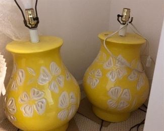 (2) Large yellow w/ floral motif ceramic retro style lamps
