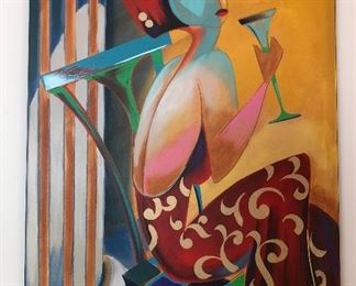 Original signed Deja, artwork, Lady with a martini