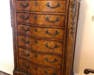 Stately Tallboy dresser, burled wood, fabulous details