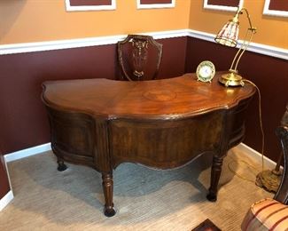 Curved wood desk with chair, wonderful condition