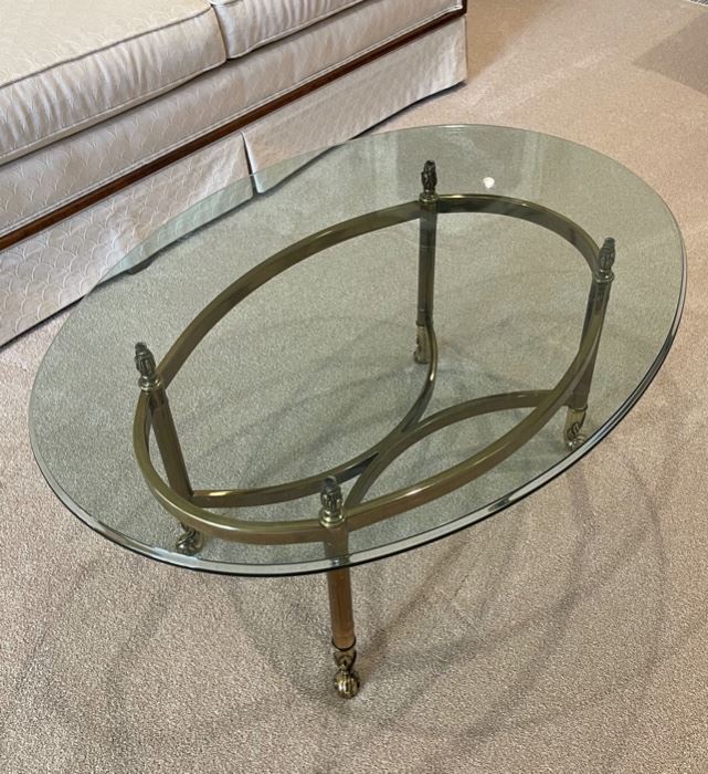 CLEARANCE !  $20.00 NOW, WAS $60.00.....................Brass and Glass Coffee Table 25" x 33 3/4", 15 3/4" tall (R095)