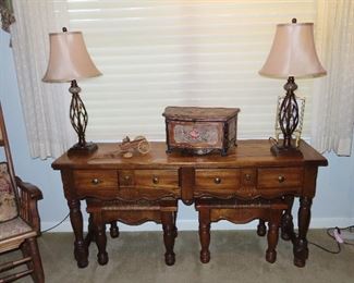 Vintage Sofa Table with 2 Matching Stools - Really Unusual 3 Piece Set made by Hammary. Made in USA