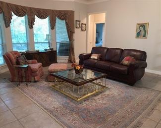 Nice Leather Sofa, Beautiful Square Coffee Table..Brass and Glass