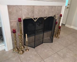 Folding Fireplace Screen and Brass Candlesticks