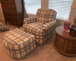 Easy Chair Rocks and Swivels, Matching Ottoman on Wheels-Made by Bassett