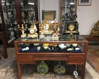 Various Jade Pieces + 19th Century French Gilt Bronze Clocks