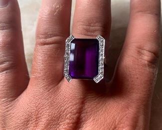 18KT Siberian Amethyst and Diamond Art Deco statement Ring HUGE! Over 10ct and vibrant deep purple! Ring Size 10.5