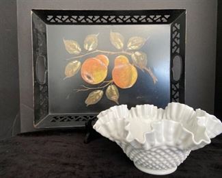 Hand Painted Tray and Hobnail Bowl