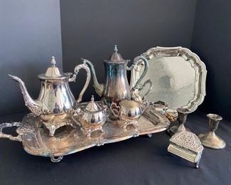 Silver Plated Coffee Tea Set, Platter, and Piano Music Box