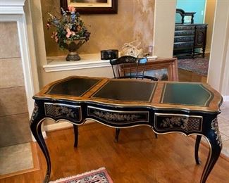 Drexel black lacquer, leather-topped  Chinoiserie desk 