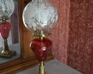 Cranberry oil lamp with etched glass shade.  All original