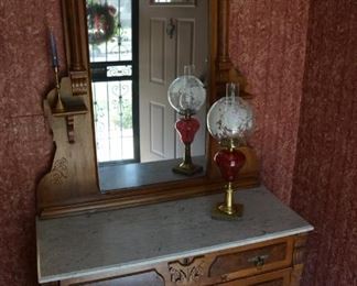 Walnut dresser, marble top, burled walnut insets, original pulls, candle shelves