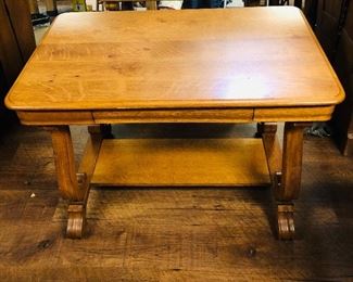 Excellent condition is this beautiful Tiger Eye Oak Library Table with one Drawer. Use this piece as a Dramatic  Main Entrance Foyer Showcase with highlighting a gorgeous Spring Floral Spray. 