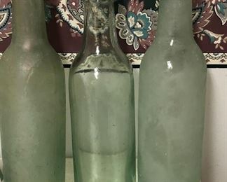 Antique Round Botton Green Soda Bottles. Set of Three. 