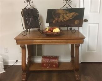 Birds eye oak Library Table from the 1930’s.  Manufactured by Knoxville table.  Use as a desk, center table, or a wonderful addition to a grand front room.
