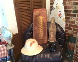 Royal Crown, Coke, and Ford pith helmet   Black recliner with stool