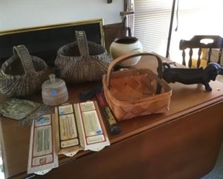 Egg baskets, butter mold, beaded purse, shoe scrapper