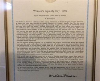 A Signed Proclamation by President Bill Clinton.  Woman's Equality Day 1999