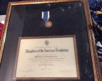 Daughters of the American Revolution & DAR Honor Metal.  Certificate Presented to Bill Alexander 3/15/74 