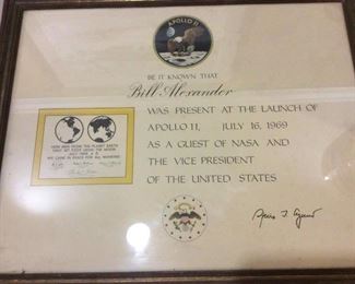 Guest of NASA Certificate From VICE PRESIDENT VP  Spiro Agnew signature , APOLLO II,  JULY 16, 1969.   ONE-OF-A-KIND ITEM ! 