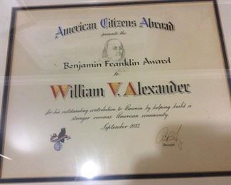 American Citizens Abroad BENJAMIN FRANKLIN AWARD  Sept 1982 . ONE-OF-A-KIND ITEM ! 