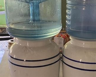 2 crocks with spouts & plastic jugs