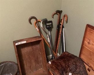Vintage box, canes & wooden storage chest