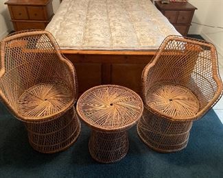 •2 Medium Height BoHo Peacock Chairs + Wicker table, -Guest House 