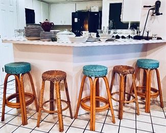 Vintage Rattan barstools!!! 3 Vinyl seats and 2 Woven seats 
- Pool House 
