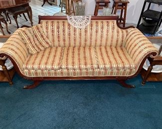 Antique Empire Sofa with Brass Cap feet, covered in Panne Velvet- Pool House 