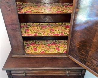 Detail pic, shelves lined with antique paper 
- Pool House 